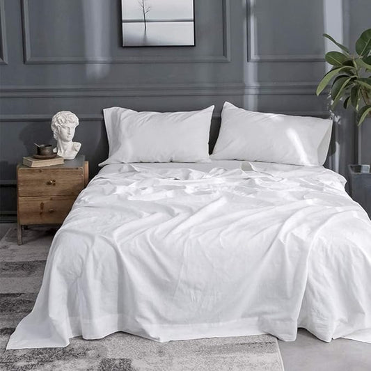 Simple&Opulence Belgian Linen Sheet Set Solid Color - 4 Pieces (1 Flat Sheet, 1 Fitted Sheet & 2 Pillowcases) Natural Flax Cotton Blend Soft Breathable Farmhouse Bedding - King Size, White