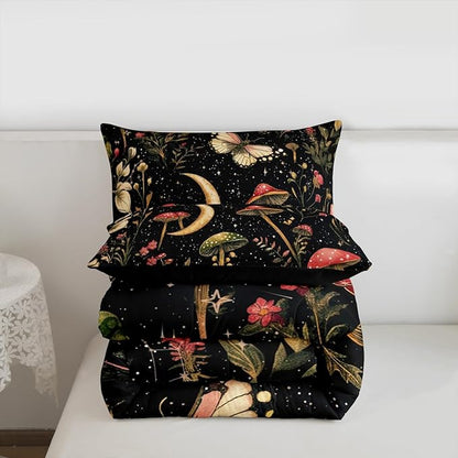 Erosebridal Gothic Mushroom Black Bedding Set for Boys, Vintage Mushroom Comforter Set Toddler Boho Moth Spring Floral Comforter for Kids Teens Adults Bedroom, Moon and Starry Star Quilt Lightweight