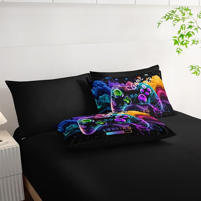 Video Game Comforter Set Full，Game Themed Bedding 7 Pieces Sets for Boys，Game Over Bedroom Decor，(1 Comforter, 1 Flat Sheet, 1 Fitted Sheet, 2 Pillowcase and 2 Pillow Sham)