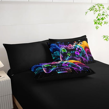 Video Game Comforter Set Full，Game Themed Bedding 7 Pieces Sets for Boys，Game Over Bedroom Decor，(1 Comforter, 1 Flat Sheet, 1 Fitted Sheet, 2 Pillowcase and 2 Pillow Sham)