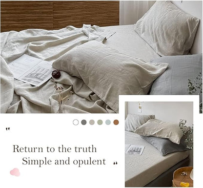Simple&Opulence Washed Linen Bed Sheet Set Basic Style 4 Pieces (1 Flat Sheet & 1 Fitted Sheet & 2 Pillowcases) 100% Natural French Flax Soft Breathable Farmhouse Bedding (King, Linen)