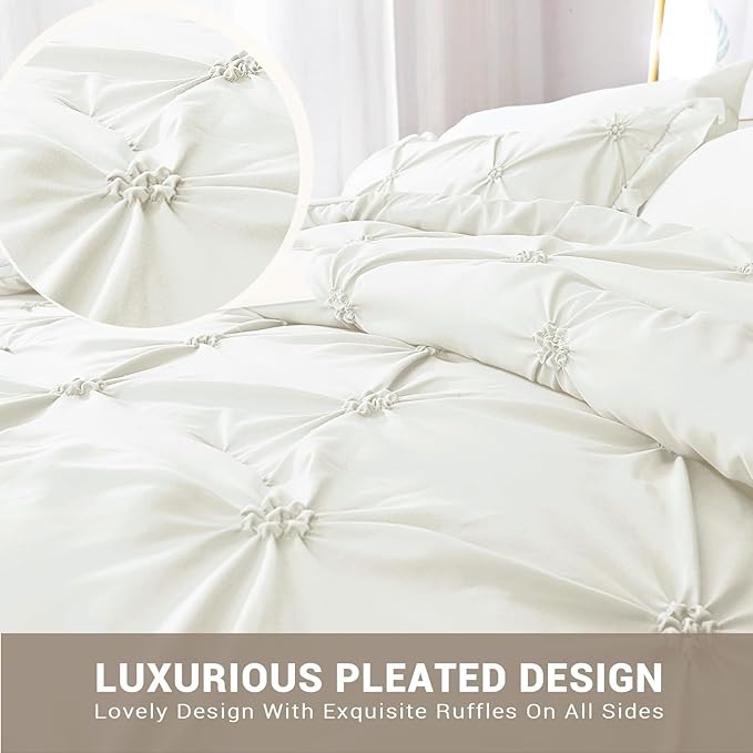 JOLLYVOGUE Ivory Twin Size Comforter Sets 5 Pieces, Pintuck Bed in a Bag Comforter Set for Bedroom, Bedding Comforter Sets with Comforter, Sheets, Ruffled Shams & Pillowcases