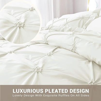 JOLLYVOGUE Ivory Twin Size Comforter Sets 5 Pieces, Pintuck Bed in a Bag Comforter Set for Bedroom, Bedding Comforter Sets with Comforter, Sheets, Ruffled Shams & Pillowcases