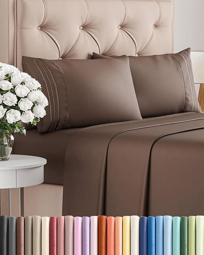 Queen Size 4 Piece Sheet Set - Comfy Breathable & Cooling Bed Sheets Set - Hotel Luxury Bedding for Women, Men, Kids, Teens, Boys & Girls - Deep Pockets, Ultra-Soft, Wrinkle Free - Oeko-Tex - Brown