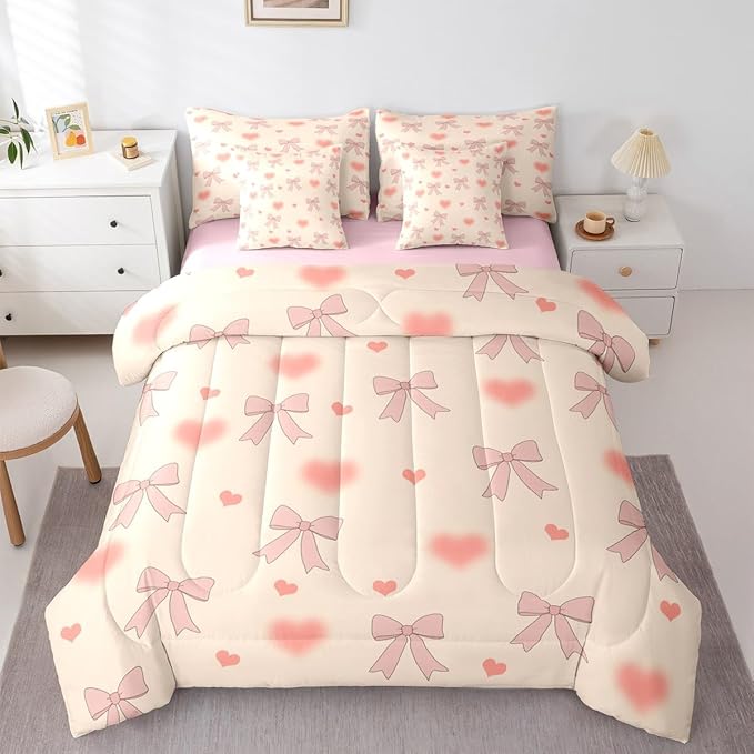 Erosebridal Bowknot Love Hearts Pink Girls King 7-Piece Comforter Set | Bow Kids Kawaii Sheets and Pillowcases Cute Ribbon Bed in A Bag Light Yellow Bed Sets