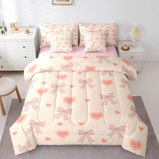 Erosebridal Bowknot Love Hearts Pink Girls King 7-Piece Comforter Set | Bow Kids Kawaii Sheets and Pillowcases Cute Ribbon Bed in A Bag Light Yellow Bed Sets
