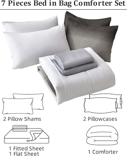 Grey Comforter Set Queen Size 7 Pieces Ombre Effects Gradient Black and Grey Bedding Bed in a Bag - All Season Lightweight Microfiber Bedding Sets with Comforter for Women Men Teens (90" x90")