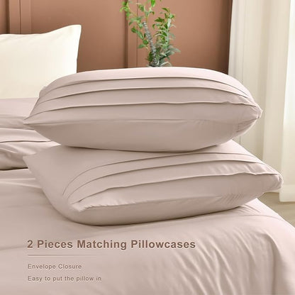 Masaca Oversized King Size Comforter 128x120,3 Pieces Vintage Farmhouse Pinch Pleat Bedding Comforter Set Lightweight Ultra Soft Rustic Boho Bedding (1 Taupe Comforter +2 Pillowcases)