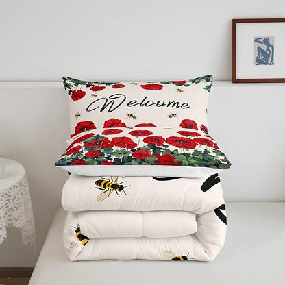 Erosebridal Red Farmhouse Flower Bedding Sets King Spring Bee Geranium Down Comforter Rustic Blossom Floral Comforter Set for Kids Girls Adults Women,Green Leaf Bed Set Country Garden Style Decor