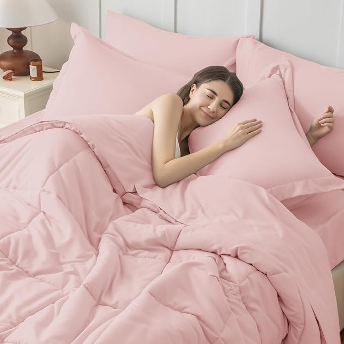 JOLLYVOGUE Queen Comforter Set, Ultra-Soft Bed in a Bag Queen Size 7 Pieces, Oeko-TEX Certified Bedding Set with Down Alternative Comforter, Sheets, Pillowcases & Shams, Blush Pink