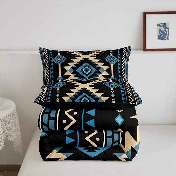 Feelyou Western Comforter Set Blue Black Southwestern Aztec King Size Bedding Set Country Tribal Native American Rustic Duvet Quilt
