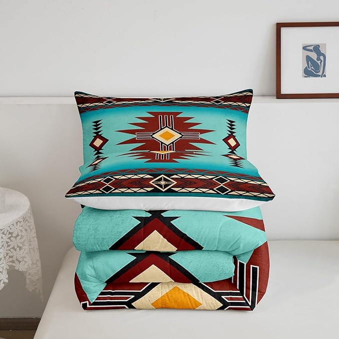 Southwest Comforter Set King Size,Geometric Aztec Tribal Striped Print Bedding Set Rustic Western Quilt Set for Kids Girls Woman Men Room Decor,Adult Retro Turquoise Red Duvet Insert 3Pcs