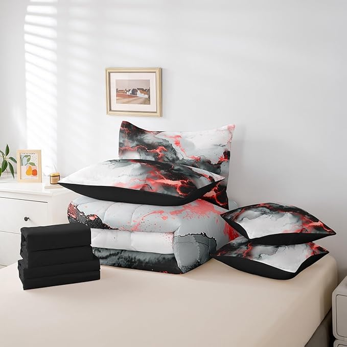 Black and Red Full Comforter Set 7-Piece Abstract Marbling Bedding Comforter Sets, Aesthetic Marble Bed in a Bag Foil Print Bedding Set, Watercolor Painting Bed Sheets Set Kids Bedroom Decor