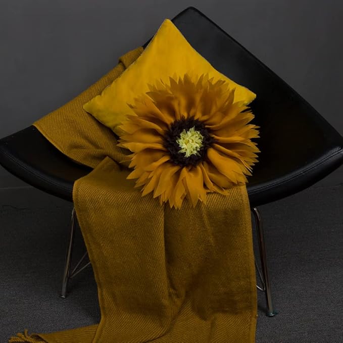 Mustard Yellow 3D Sunflower Round Decorative Throw Pillow Handcrafted Cute Elegant Flower Accent Pillow Boho Farmhouse Floral Cushion for Bed Couch Car Living Room Bedroom Home Decor 12Inch