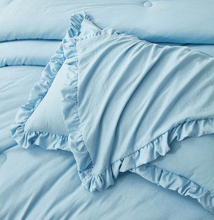Chezmoi Collection Nora Chambray Blue Comforter Set King Size 3-Piece Fluffy Soft Lightweight Bedding Ruffled Edge Trim Stone-Washed Microfiber Comforter Set for All Season