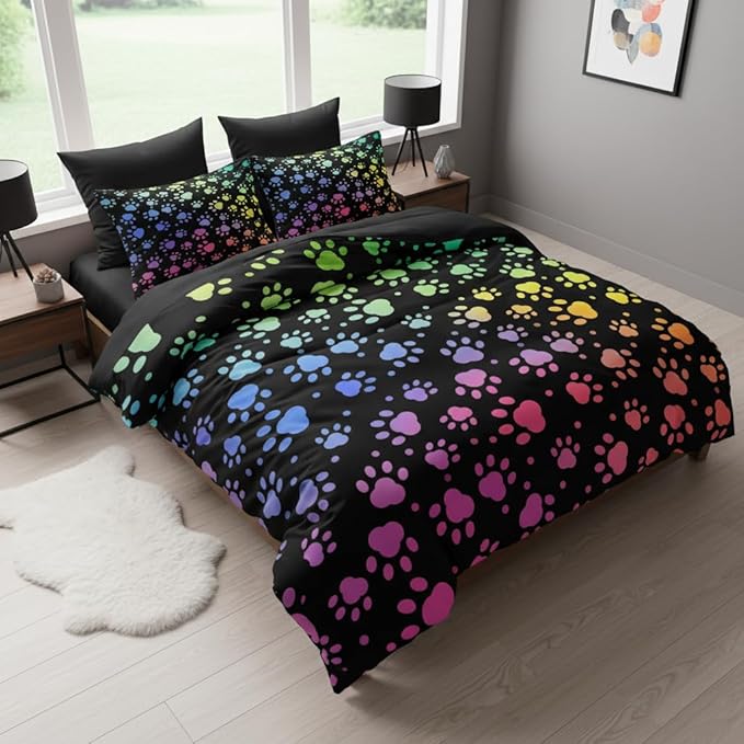 Kids Puppy Paw Prints Comforter Set Twin Size, Gradient Neon Colorful Bedding Set, Cute Animal Printed with 1 Pillowcases, 68''x86''