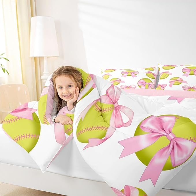 Cute Softball Comforter Set King Size,Pink Bowknot Print Bedding Sets 3Pcs for Kids Girls Boys Women Room Decor,Ball Sports Gaming Duvet Insert Softball Player Down Comforter,2 Pillowcases