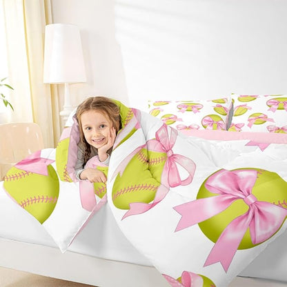 Cute Softball Comforter Set Twin Size,Pink Bowknot Print Bedding Sets 2Pcs for Kids Girls Boys Women Room Decor,Ball Sports Gaming Quilted Duvet Softball Player Down Comforter,1 Pillowcase