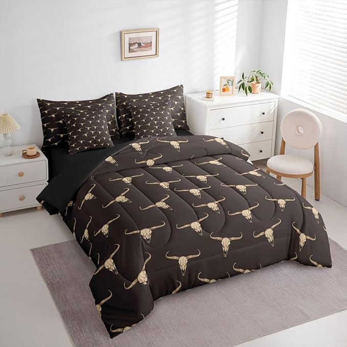 Erosebridal Bull Skull 7 Piece Comforter Set Twin Ethnic Bohemian Bedding for Men Boys | Tribal Steer Skull Wildlife Aztec Bedroom Decor Farmhouse Cabin Lodge Sheet Set with Comforter,Brown