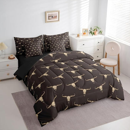 Erosebridal Bull Skull 7 Piece Comforter Set Full Ethnic Bohemian Bedding for Men Boys | Tribal Steer Skull Wildlife Aztec Bedroom Decor Farmhouse Cabin Lodge Sheet Set with Comforter,Brown