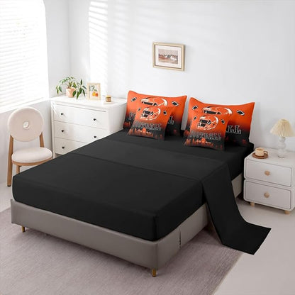 Erosebridal Football Comforter Set with Sheets Full American Rugby 7 Piece Bedding Set for Boys Girls,Football City Bed in A Bag Orange Black Ombre Bed Set for Kids Teen Adults