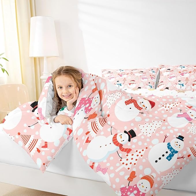 Cute Snowman Bedding Set Queen Size Cartoon Christmas Tree Comforter Set 3Pcs Red White Dots Print Theme Quilt Set for Kids Girls Boys Room Decor Watercolor Pink Duvet Insert,2 Pillowcases