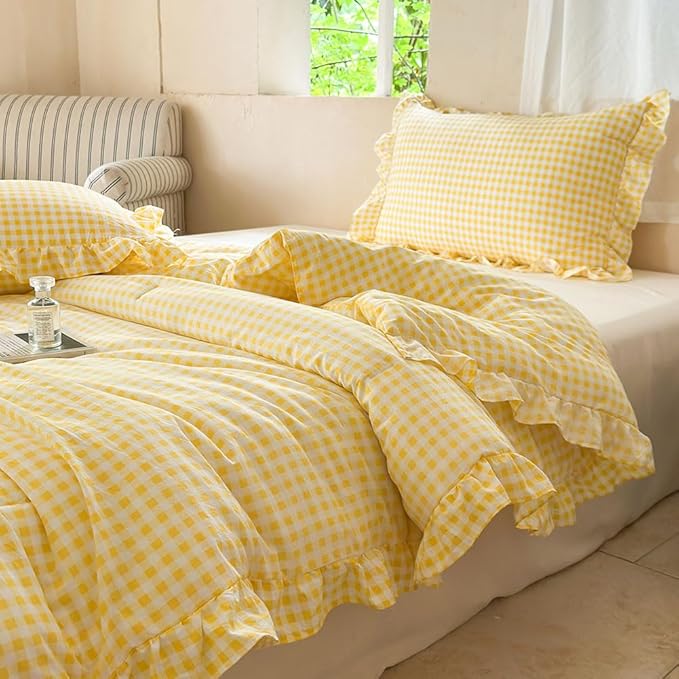 NSNLGSGC Yellow Ruffle Gingham Comforter Set Queen, Pre-Washed Ruffled Plaid Checked Comforter Bedding, 3 Pieces Vintage Farmhouse Grid Bedding Set(Yellow Gingham, Queen)