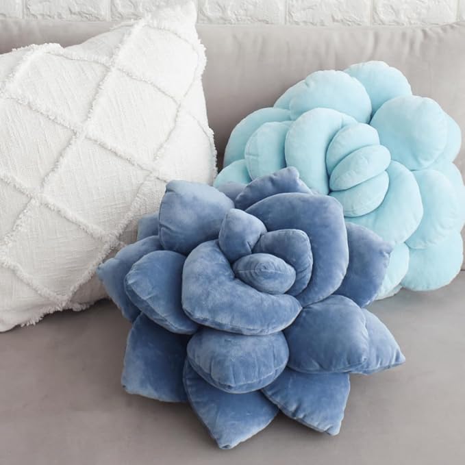 Green Philosophy Co. Succulent® Pillow 16" – Soft 3D Decorative Flower Throw Pillow, Unique Smokey Blue Plush Flower Cushion, Perfect for Couch, Sofa, Bedroom Decor, Gift for Plant Lovers