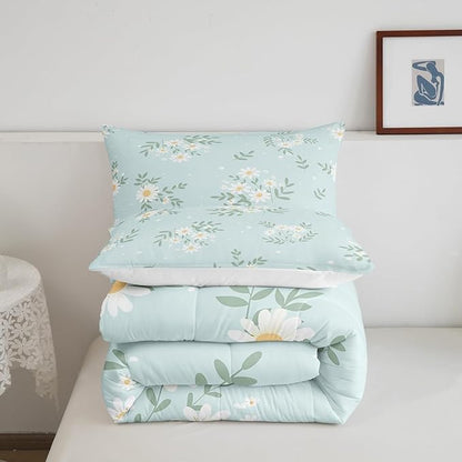 Manfei White Daisy Comforter Set King Size, Green Leaves Quilt Set with 2 Pillowcases, Botanical Garden Artwork Bedding Set 3pcs for Kids Boys Girls Bedroom Decor Lightweight Duvet Insert