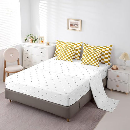 Feelyou Checkered 7 Piece Bedding Set Teen Yellow White Plaid Decoration Comforter Set with Sheets Twin Size Kids Boys Cute Retro Neutral Grid Geometric Bed in a Bag Vintage Aesthetic Room Decor