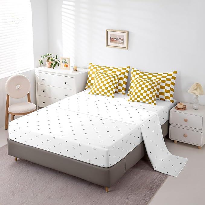 Feelyou Checkered 7 Piece Bedding Set Teen Yellow White Plaid Decoration Comforter Set with Sheets King Size Kids Boys Cute Retro Neutral Grid Geometric Bed in a Bag Vintage Aesthetic Room Decor