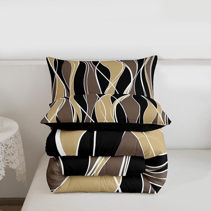 Erosebridal Geometric Bedding Twin Black Brown Stripe Comforter Set, Modern Abstract Bedding Comforter Sets Duvet Set, Ultra Soft Breathable Lightweight Quilted Comforter 2-Piece Yellow White