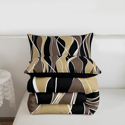 Erosebridal Black Brown Modern Bedding Sets Queen Abstract Art Comforter Set, Multicolor Stripe Down Comforter Geometric Bed Set, Lines Quilted Duvet Luxurious Kids Teen Aults Room Decor