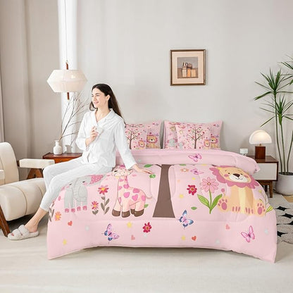 Erosebridal Kids Cute Animal 7 Piece Bedding Set Queen Size,Butterflies Trees Bed in a Bag,Love Hearts Bed Set Includes Comforter, Sheet Set, Pillowcases & Pillow Covers All Season Bedroom Decor
