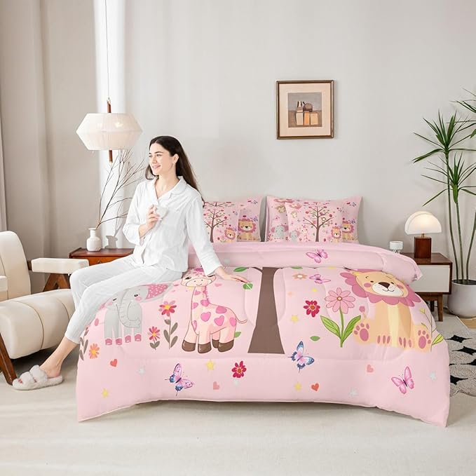 Erosebridal Kids Cute Animal 7 Piece Bedding Set King Size,Butterflies Trees Bed in a Bag,Love Hearts Bed Set Includes Comforter, Sheet Set, Pillowcases & Pillow Covers All Season Bedroom Decor