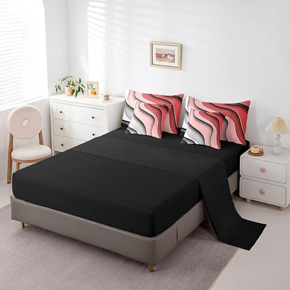 Rasberry Red Pink Grey Ombre Bedding Comforter Sets 7pcs for Girls Geometric Stripe Bed in a Bag, Aesthetic Wave King Bedding Sets Modern Abstract Comforter Set, Gradient Bedding Sets & Collections