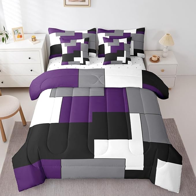 Erosebridal 7 Pcs Geometric Comforter Set Twin Size,Square Bed in a Bag with Flat Fitted Sheet for Kids and Adults,Purple Black White Abstract Art Bedding Set with Pillowcases and Cushion Cases