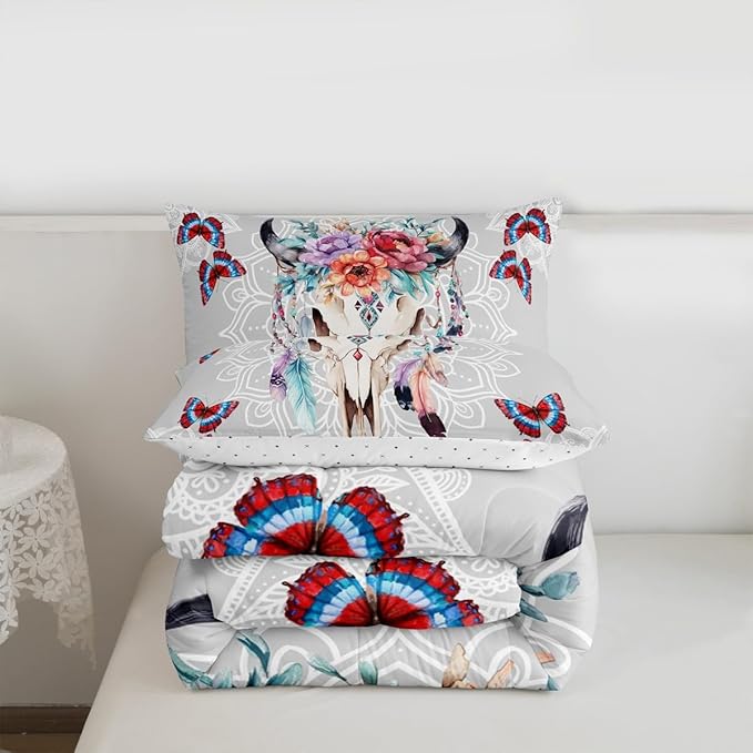 Bull Skull Comforter Set Queen Size,Western Tribal Dream Catcher Feather Butterfly Bedding Set,Mandala Floral Quilt Set for Kids Girls Boys Room Decor,Vintage Boho Duvet Insert,2 Pillowcases