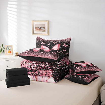 Feelyou Pink Butterfly 7 Piece Bedding Set Glitter Print Comforter Set with Sheets for Kids Boys Girls Pretty Animal Bed in a Bag Beautiful Butterfly Bed Set Soft Lightweight