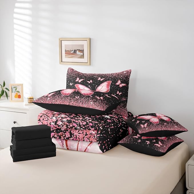 Feelyou Pink Butterfly 7 Piece Bedding Set Glitter Print Comforter Set with Sheets for Kids Boys Girls Pretty Animal Bed in a Bag Beautiful Butterfly Bed Set Soft Lightweight