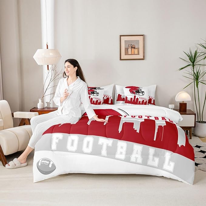 Erosebridal Football City 7 Pcs Comforter Set King Football Bedding Boys Girls Red Grey Rugby Game Sheet Set Bed in A Bag Football Fans Bedroom Decor Sports Ball Competition Quilt