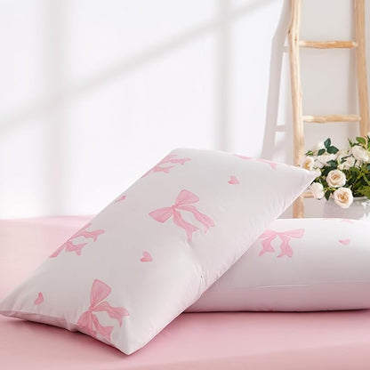 Nayoroom Pink Bow Comforter Set Queen Size Cute Heart Comforter 3 Pieces Soft Lightweight Girls Coquette Dorm Bedding Set for All Seasons