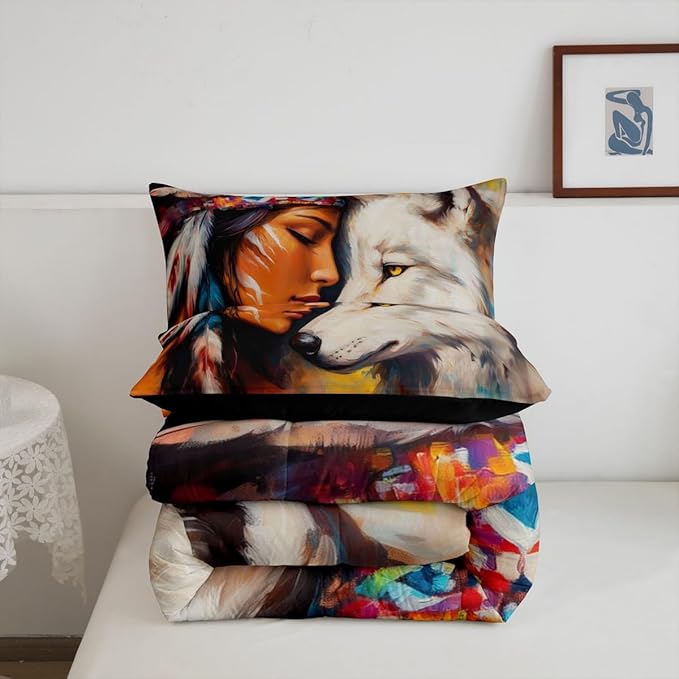 Erosebridal Hunting Wolf Queen Comforter Set,Indian Woman and Wolf Bedding Set for Men Women Room Decor,Exotic Ethnic Aztec Bed Set Wildlife Bedding Comforter Sets,2 Pillowcases
