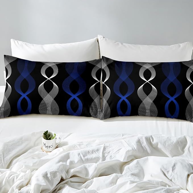 Erosebridal Blue Black Abstract Bedding Set Twin for Boys, Blue Striped Comforter Set, Ombre Geometric Stripes Quilt for Men Adults Bedroom, Modern Aesthetic Art Lines Boho Comforter