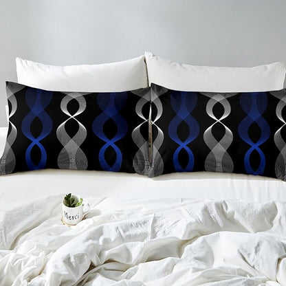 Erosebridal Blue Black Abstract Bedding Set Twin for Boys, Blue Striped Comforter Set, Ombre Geometric Stripes Quilt for Men Adults Bedroom, Modern Aesthetic Art Lines Boho Comforter