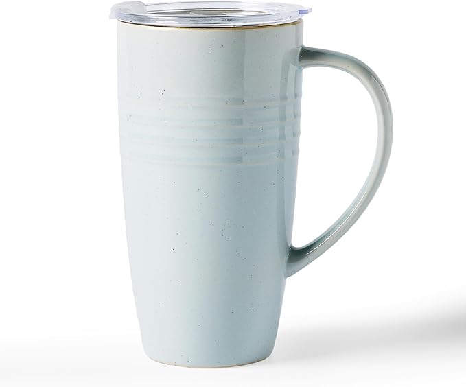 famiware Jupiter Large Coffee Mug, 20oz Coffee Mug with Lid, Ceramic Cup with Handle for Latte, Tea, Cocoa, Milk, Home & Office, Microwave and Dishwasher Safe, Light Blue
