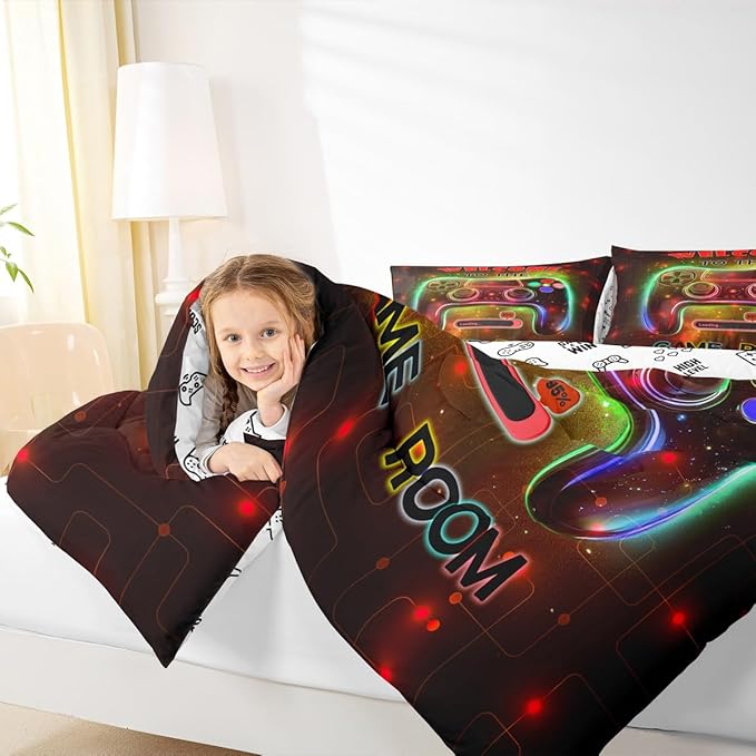 jejeloiu Cool Gamer Bedding Set King Size for Boys 3D Gaming Comforter Set Kids Teens Bright Red Duvet Set Modern Game Console Quilt Set 3Pcs