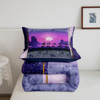 Feelyou Purple Western Decor Comforter King Size Wild Western Cowboy Comforter Set for Boys Girls Children Horse Setting Sun Glitter Bedding Set Room Decor Horseshoes West Texas Star Duvet Set 3Pcs