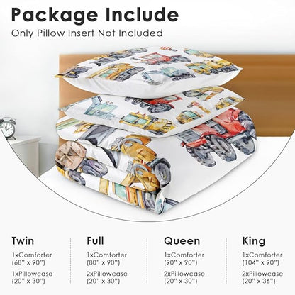 Colorful Car Trucks Construction Comforter Set for Boys Kids Toddlers Teens Queen, Red Tractor Excavator Bedding Sets Water Washed Microfiber Bedding with 1 Comforter 2 Pillowcase