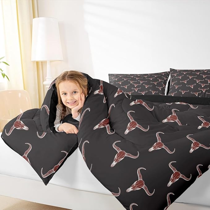Erosebridal Bull Skull Comforter Set Full Ethnic Bohemian Bedding for Men Boys | Tribal Steer Skull Wildlife Aztec Bedroom Decor Farmhouse Cabin Lodge Duvet Insert with 2 Pillow Cases,Black Red